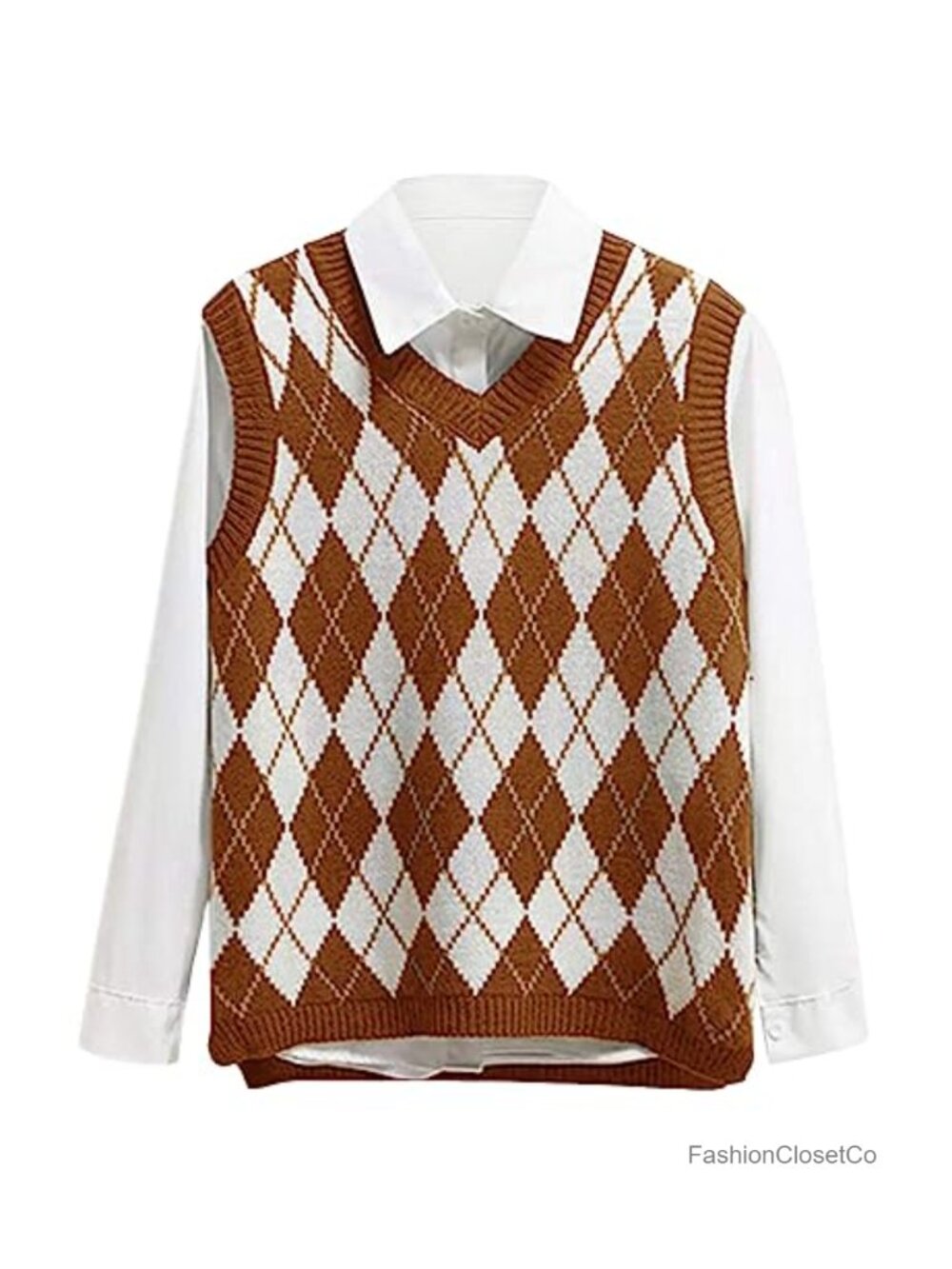 Argyle Sweater Vest Sleeveless V-Neck Crop Knit Tank Top